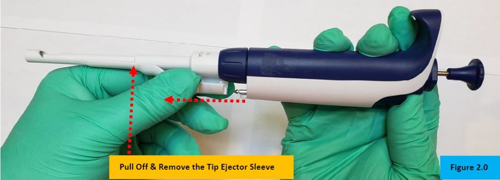 Figure 2.0. removing ejector sleeve off of the Pipet-Lite XLS Push Rod Ejector